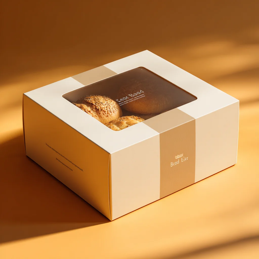 Premium bakery packaging box with window displaying artisan bread rolls on warm orange background