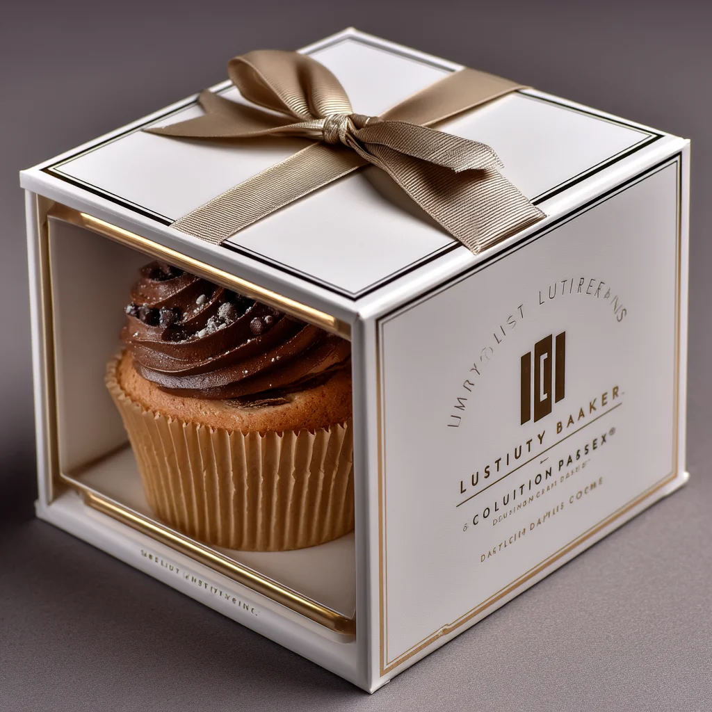 Luxury white gift box with gold ribbon containing chocolate cupcake, premium bakery packaging design by Lustiuty Baker