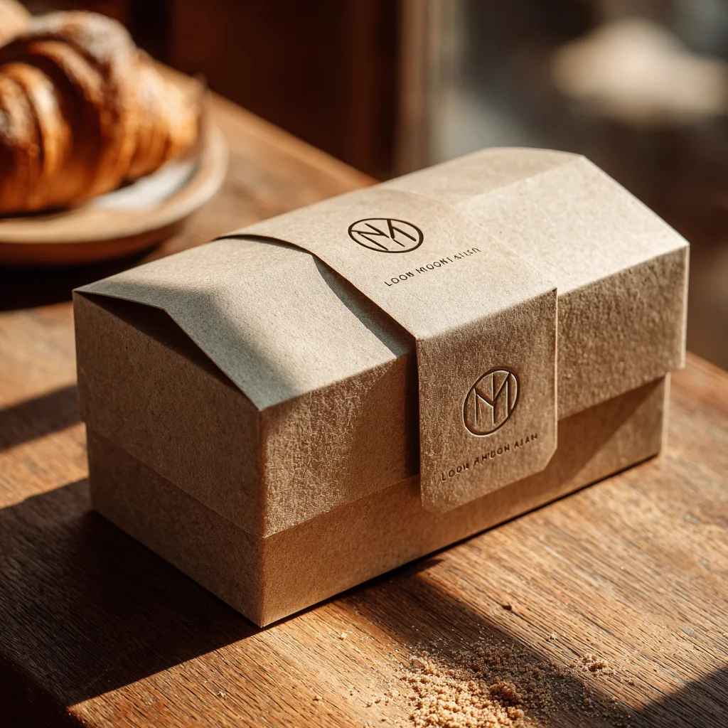 Premium kraft paper packaging box with logo on wooden surface showcasing bakery product packaging design
