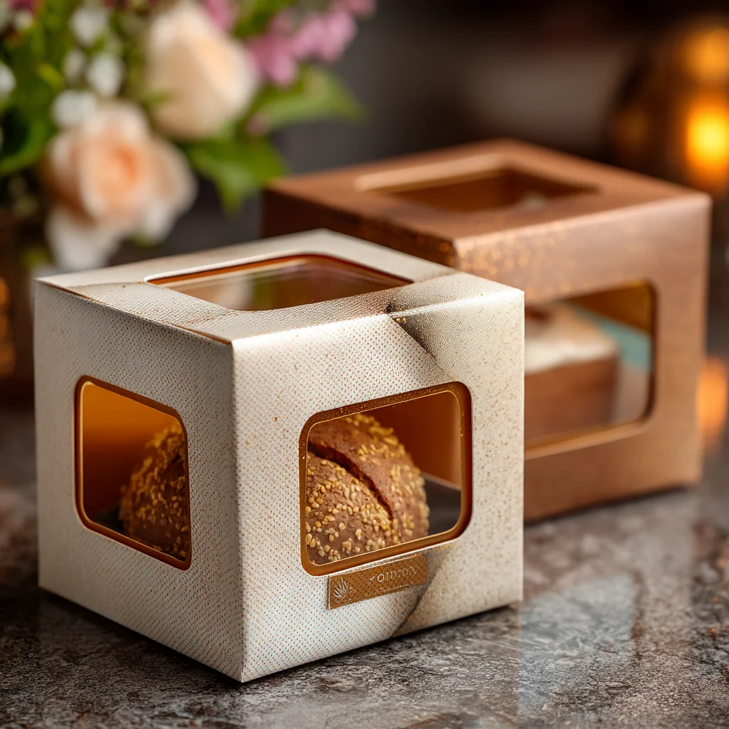 Premium cake packaging boxes with window display showcasing golden pastries on marble surface with floral background