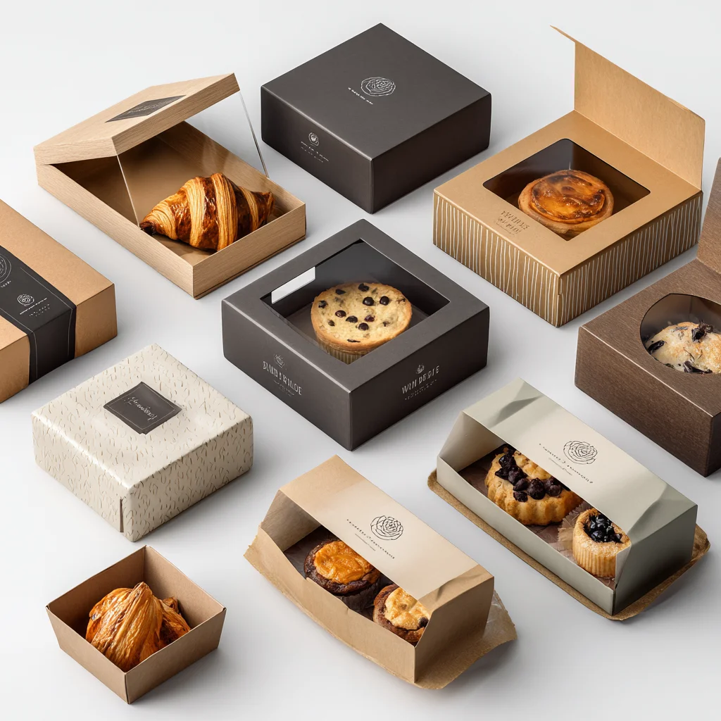 Premium bakery packaging boxes in various designs showcasing pastries, croissants, and tarts with elegant branding