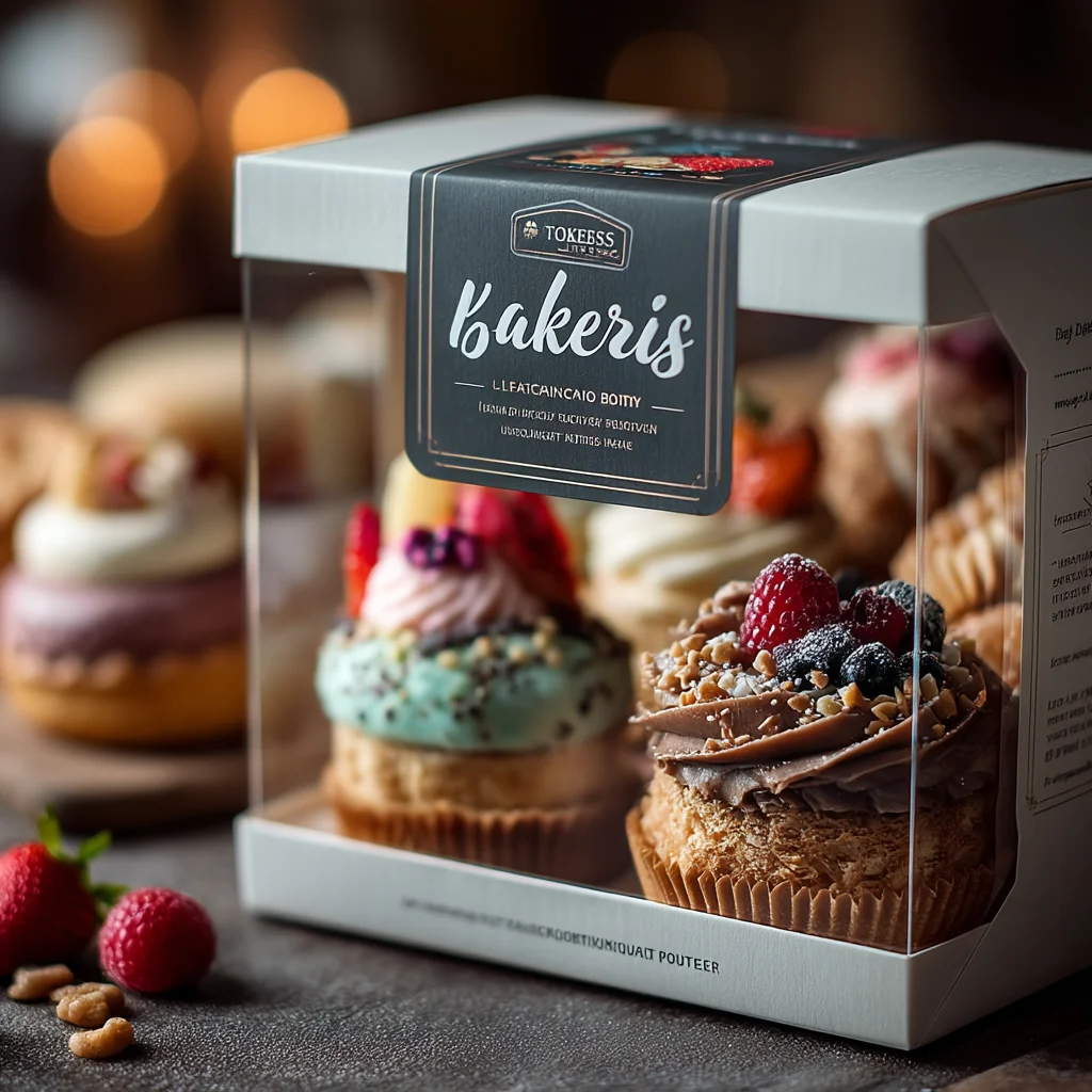Premium bakery packaging box displaying gourmet cupcakes with berries and chocolate frosting on white counter