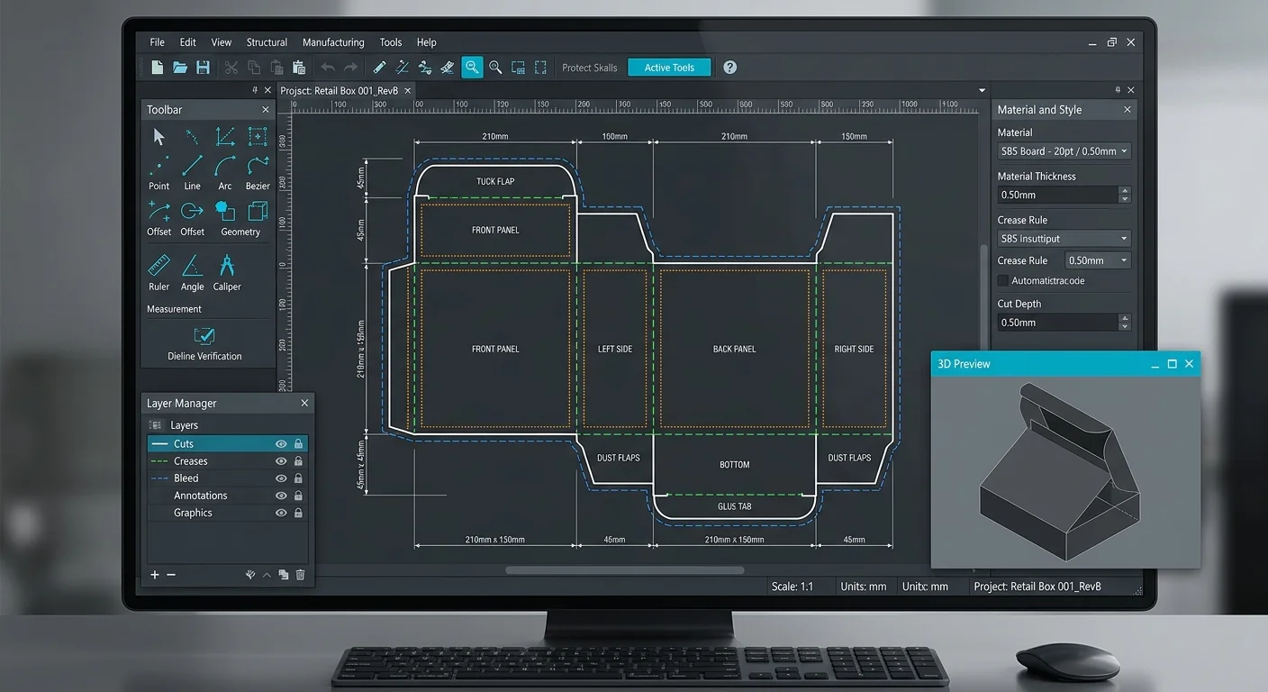 ArtiosCAD structural packaging design software interface showing dieline creation workspace with 3D preview