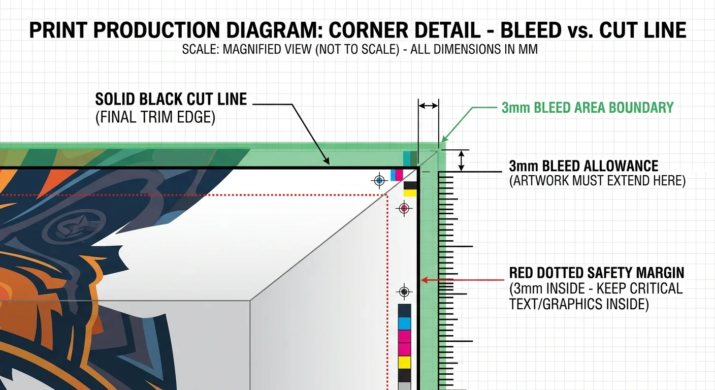 Close-up diagram showing bleed line, cut line, and safety zone with 3mm bleed area for print production