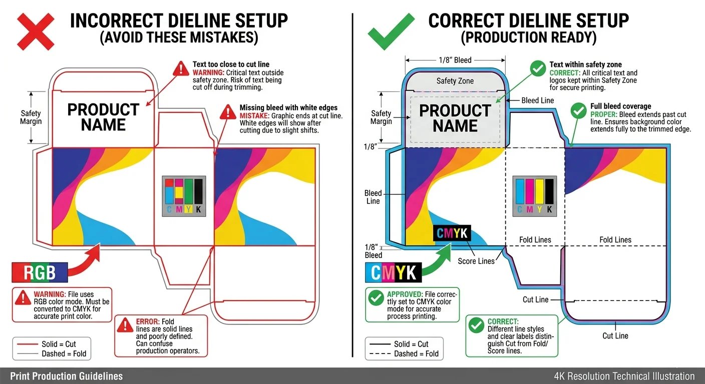 Comparison of common dieline mistakes versus correct dieline setup for packaging production