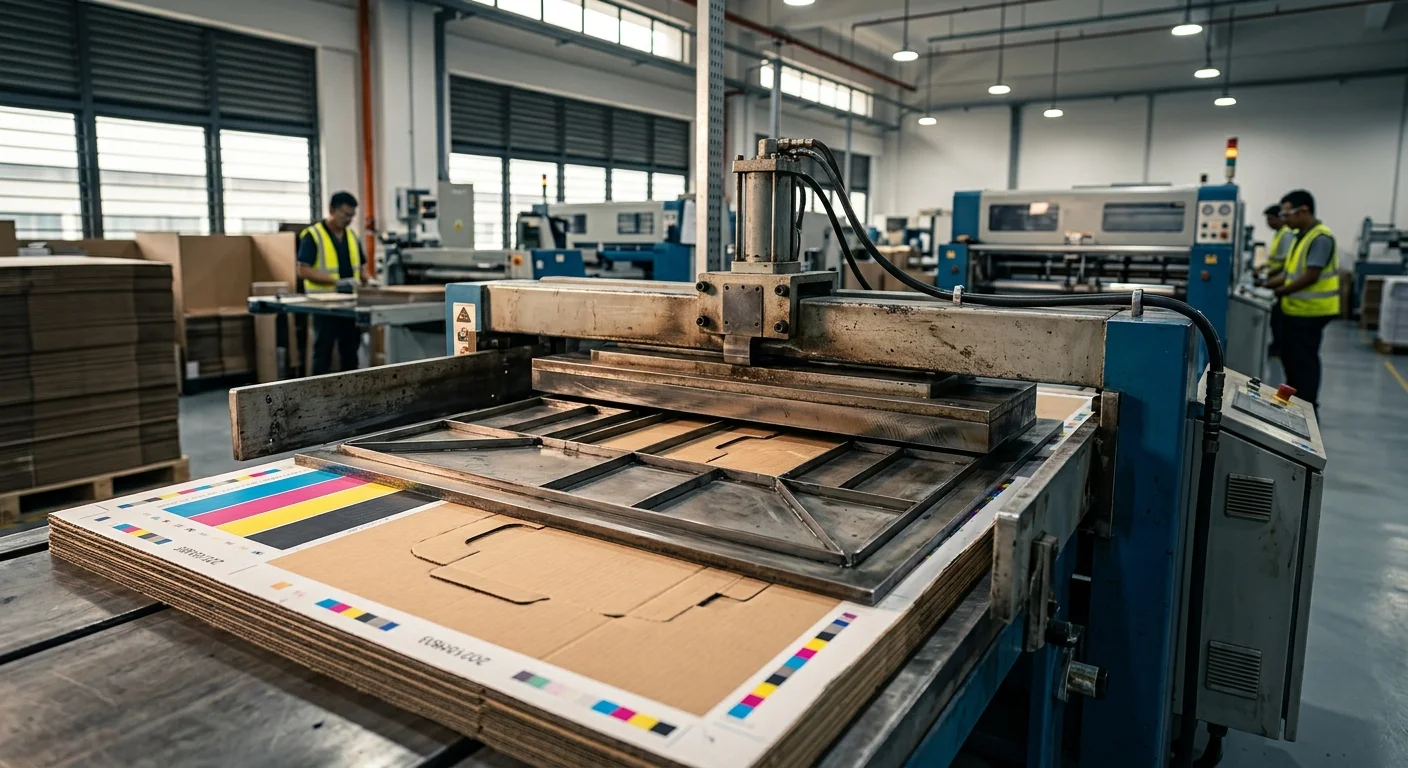 Industrial die-cutting machine cutting printed packaging sheets using custom metal die board