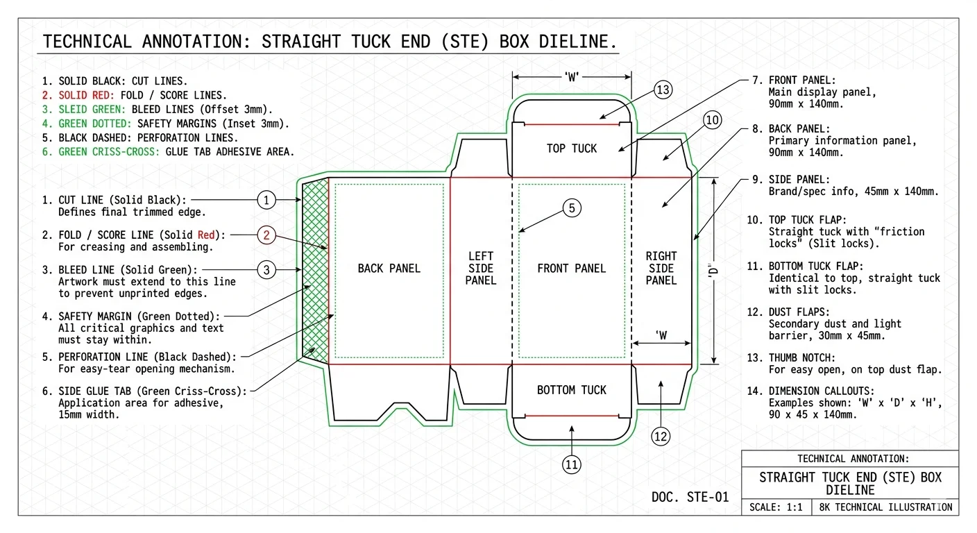 Dieline components diagram labeling cut lines, fold lines, bleed lines, safety margins, perforation lines, and glue tabs
