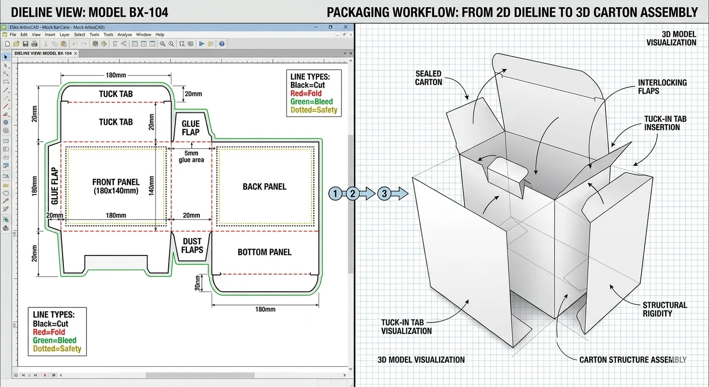 Dieline to 3D box transformation showing flat packaging template converting into assembled product box