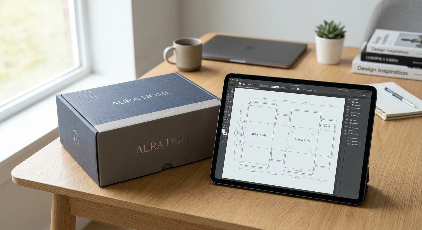 Custom packaging box displayed next to dieline blueprint showing complete design to production workflow