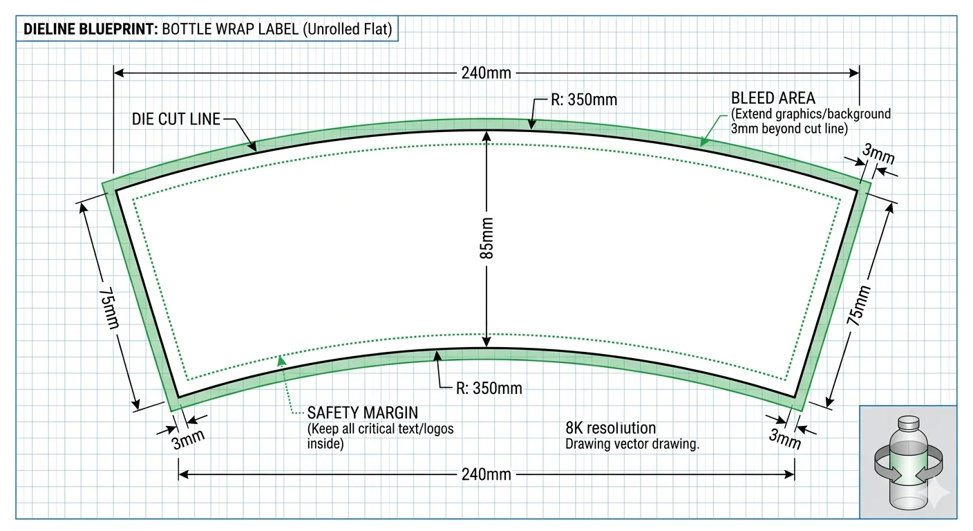 Technical label dieline template showing cut lines, safety margins, and bleed area for bottle packaging