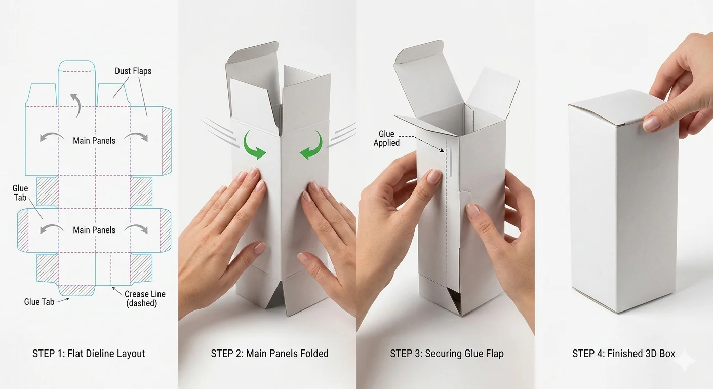Step-by-step dieline assembly process transforming flat template into finished 3D packaging box