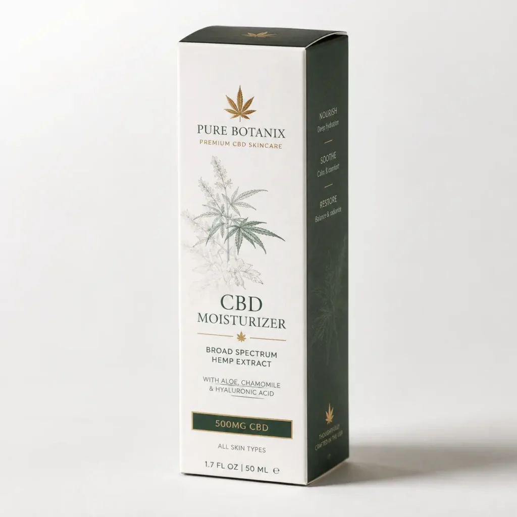 White and dark green Pure Botanix CBD Moisturizer 500mg luxury skincare box packaging with gold cannabis leaf logo, 50ml