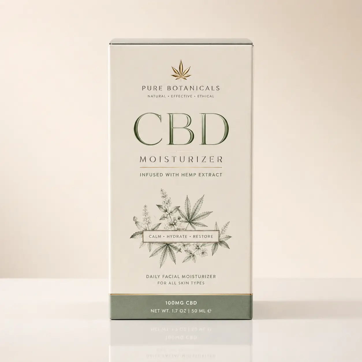 Elegant cream CBD moisturizer box by Pure Botanicals, sage green accents, hemp leaf illustration, luxury skincare packaging design, 100mg