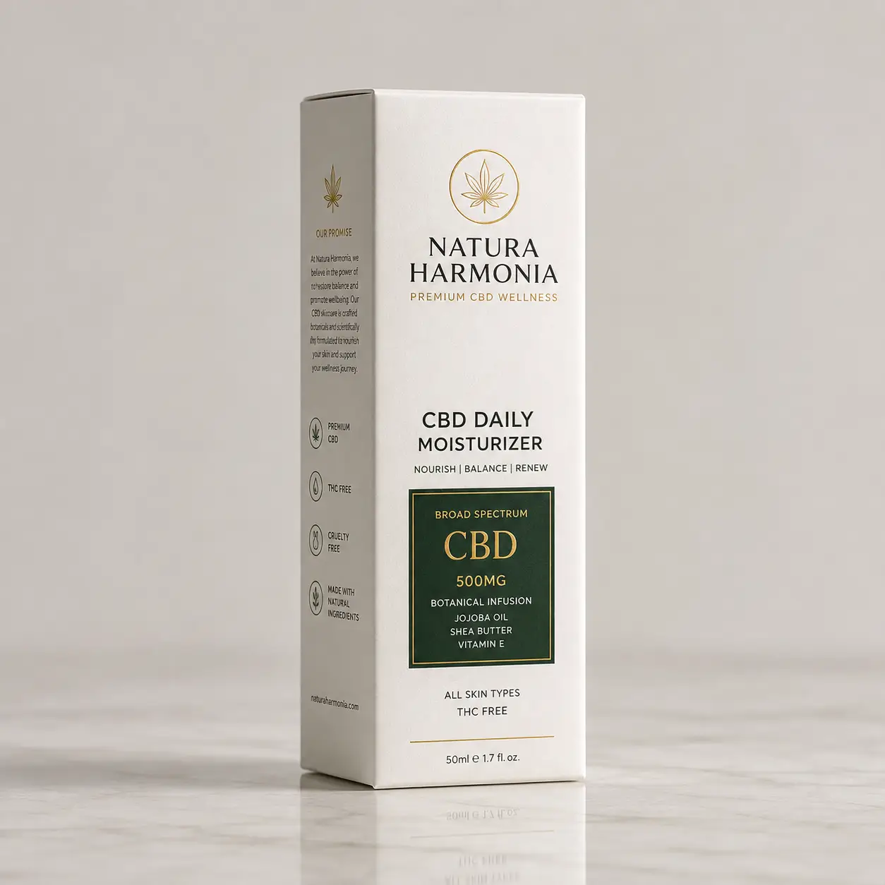 White CBD daily moisturizer box by Natura Harmonia, 500mg broad spectrum, premium skincare packaging design on marble surface