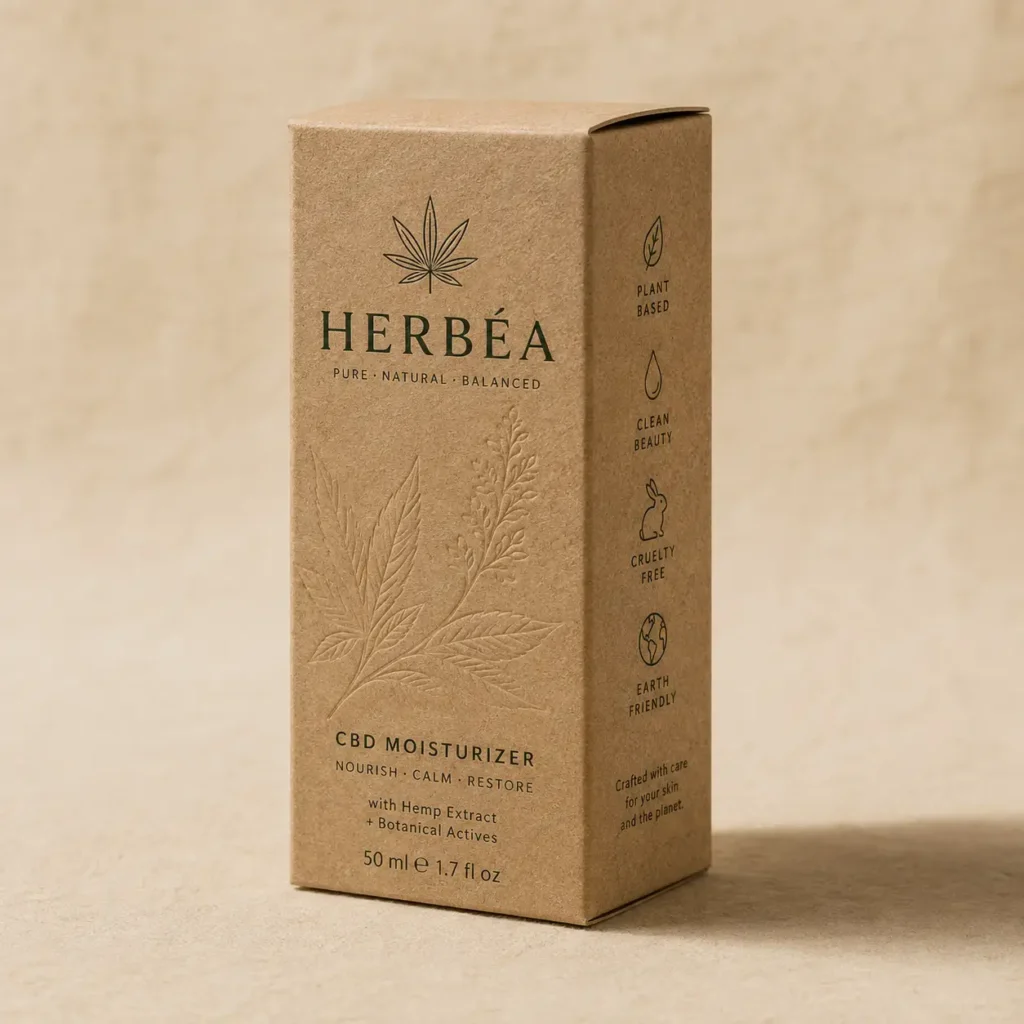 Herbéa CBD moisturizer kraft brown eco-friendly packaging box with embossed hemp leaf, cruelty-free clean beauty skincare product, 50ml