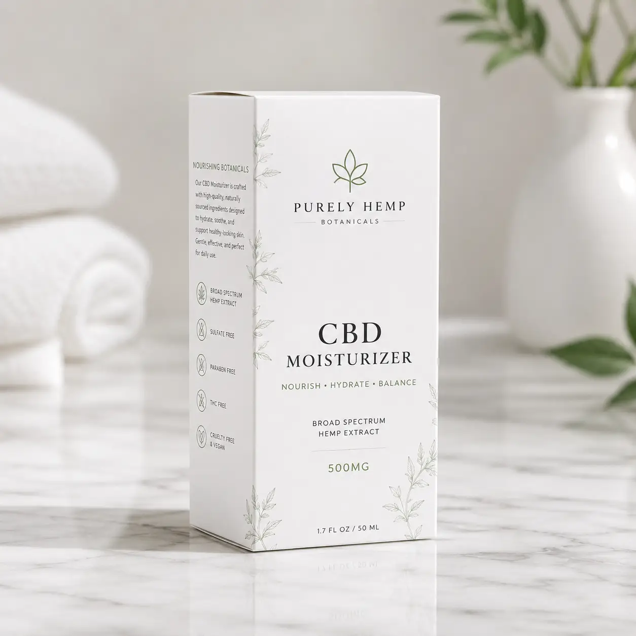 White CBD moisturizer box by Purely Hemp Botanicals, 500mg broad spectrum hemp extract, marble surface, clean minimalist packaging design