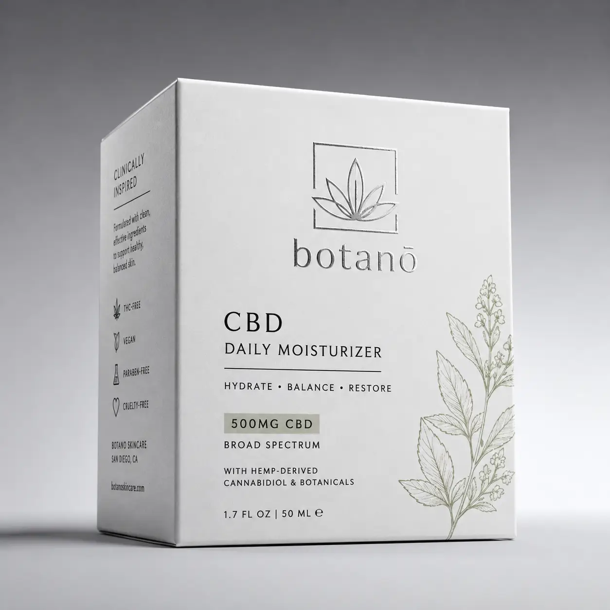 White CBD daily moisturizer box by Botanō Skincare, 500mg broad spectrum, minimalist packaging design, hemp botanical illustration