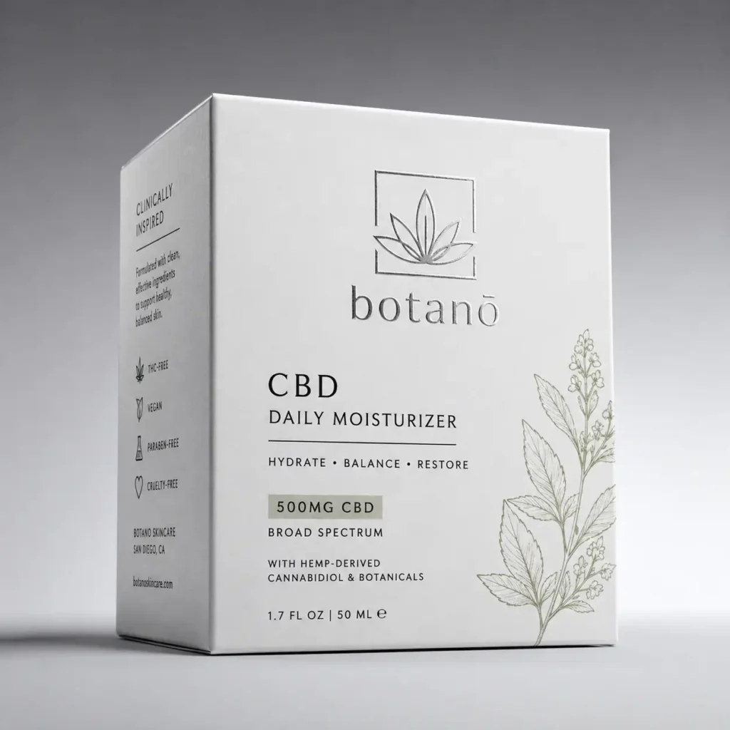 White luxury CBD daily moisturizer box by Botanō Skincare, 500mg broad spectrum, minimalist design with botanical illustration