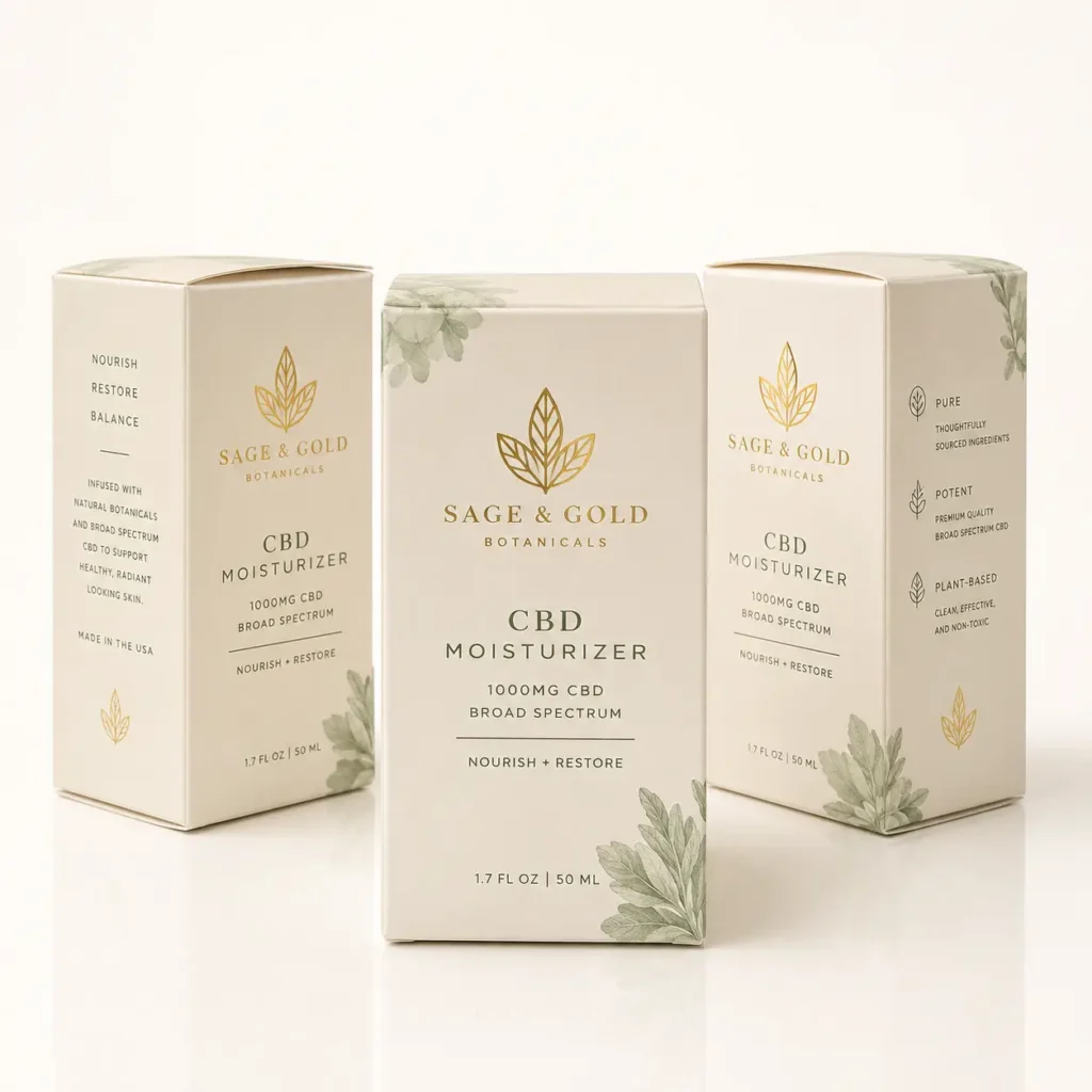 Three cream-colored Sage & Gold Botanicals CBD Moisturizer boxes with gold botanical logo, 1000mg broad spectrum, luxury skincare packaging design