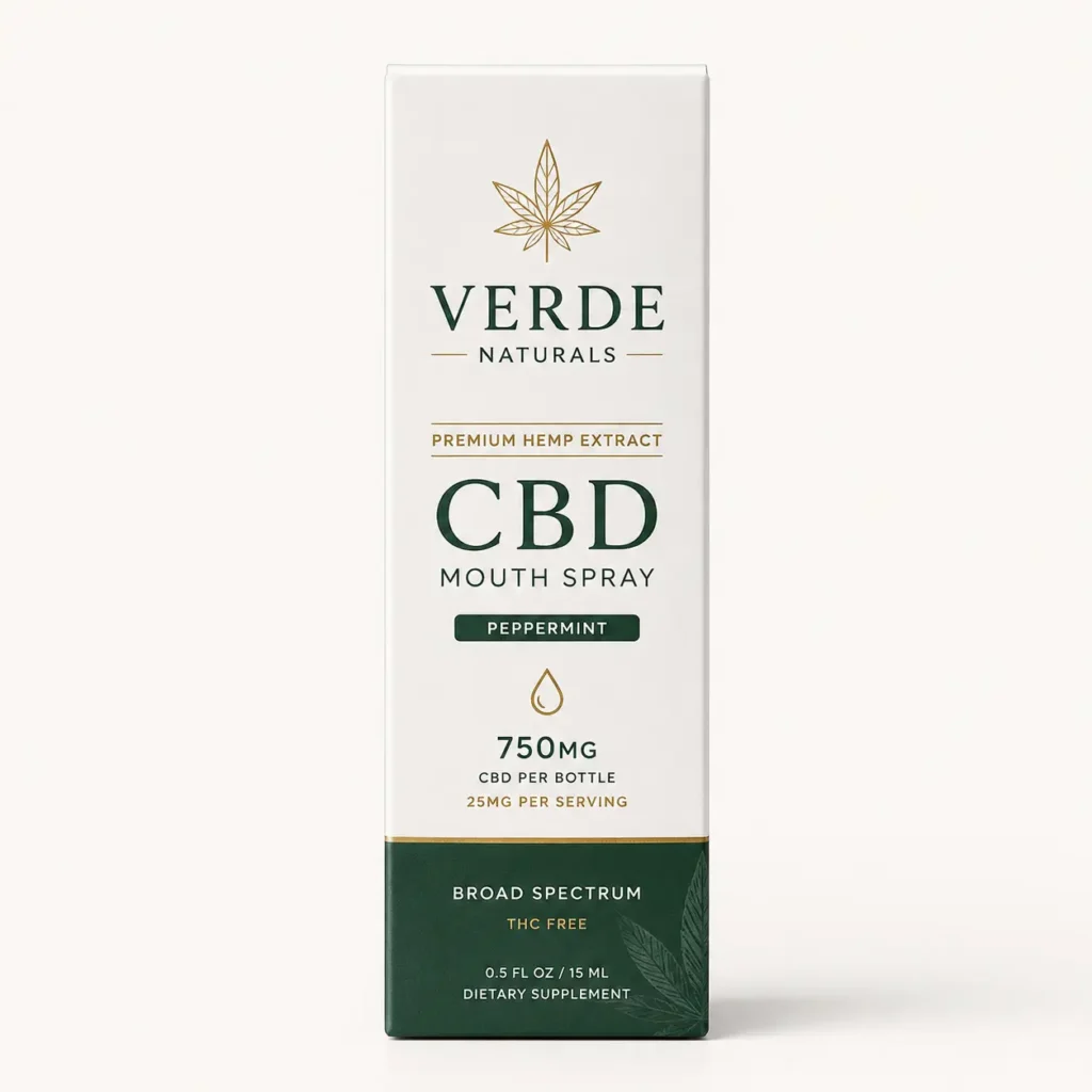 Verde Naturals CBD mouth spray peppermint 750mg white green gold premium hemp extract packaging box product design