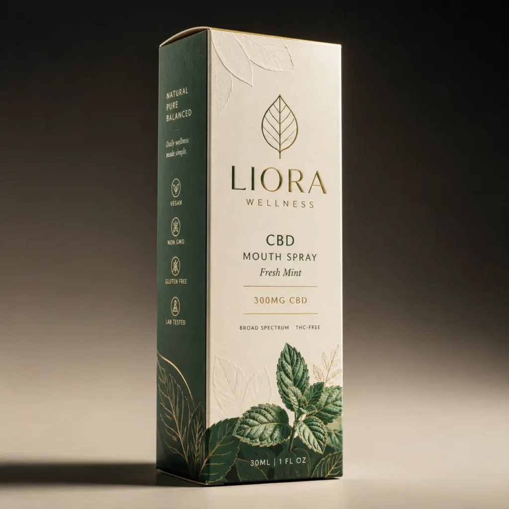 Liora Wellness CBD mouth spray box, fresh mint 300mg broad spectrum, elegant cream green gold luxury packaging design