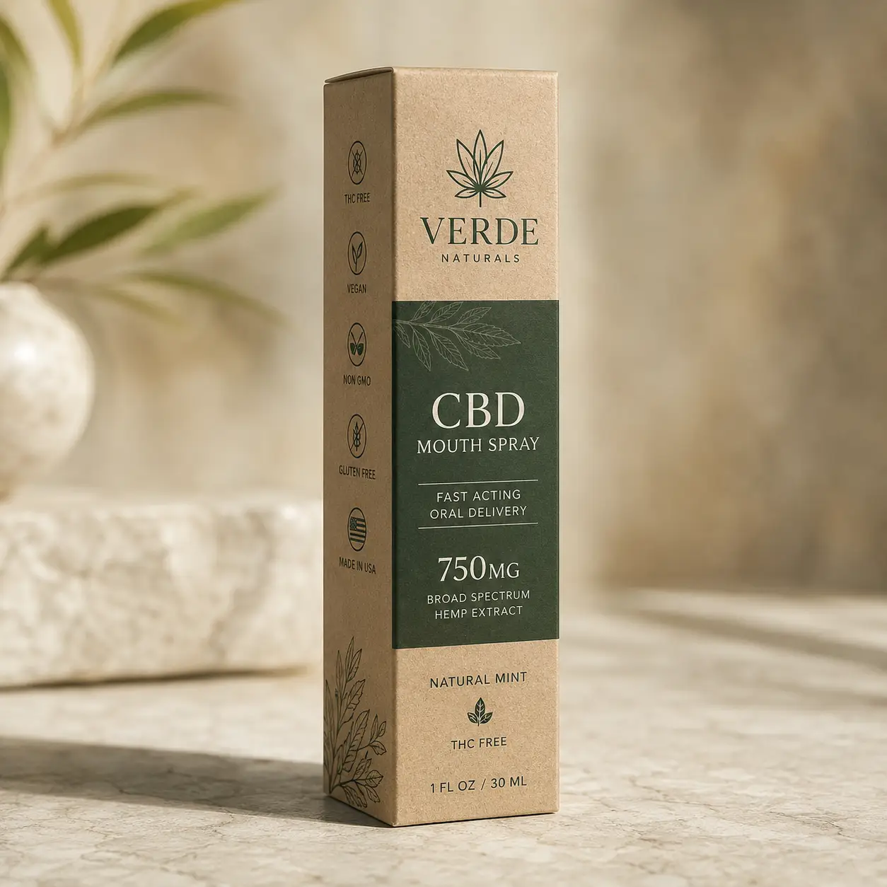 Verde Naturals CBD mouth spray 750mg kraft brown box packaging, natural mint, THC-free, marble surface, green botanical design