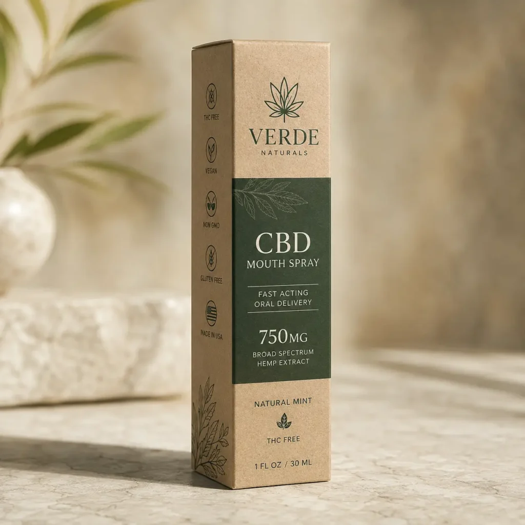Verde Naturals CBD mouth spray 750mg kraft brown retail box packaging, natural mint, THC-free, marble surface, green botanical design