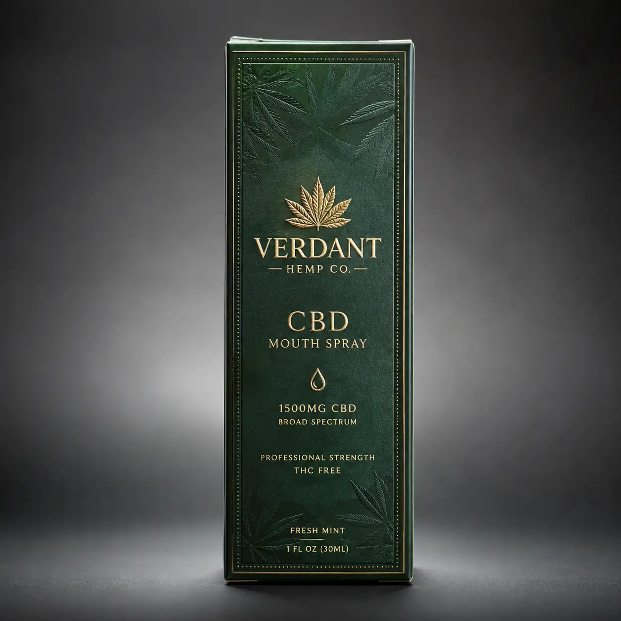 Dark green luxury CBD mouth spray box by Verdant Hemp Co., gold embossed cannabis leaf logo, 1500mg broad spectrum, premium packaging design