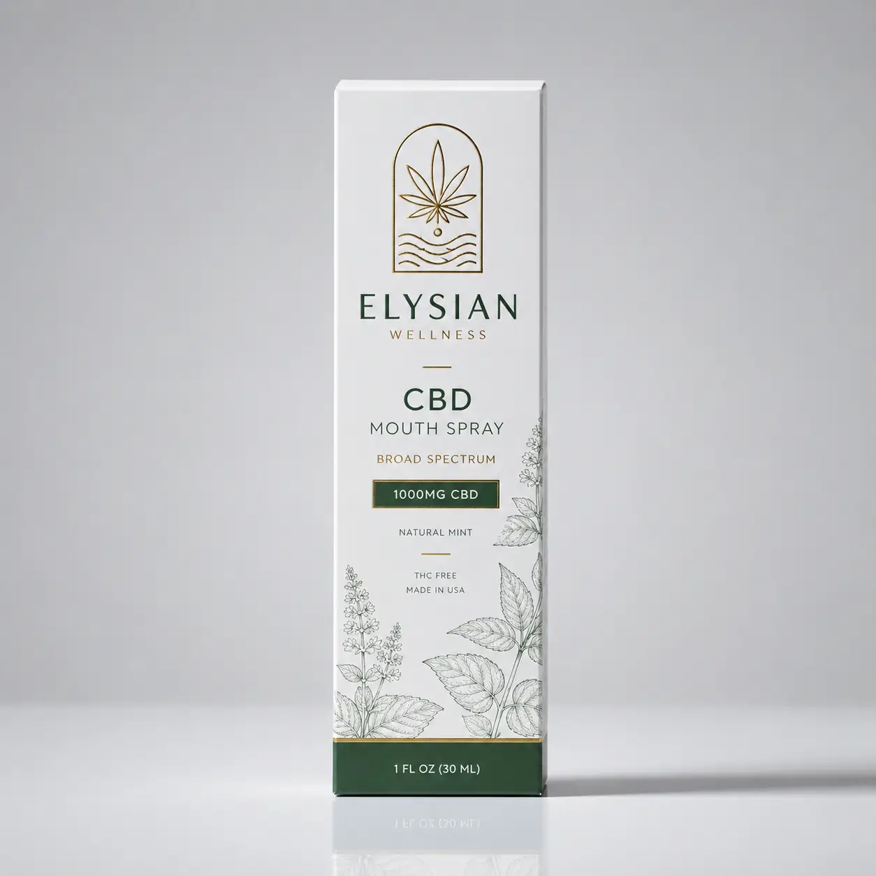 Elysian Wellness white CBD mouth spray box, 1000mg broad spectrum natural mint, gold cannabis logo, green botanical illustrations, 30ml