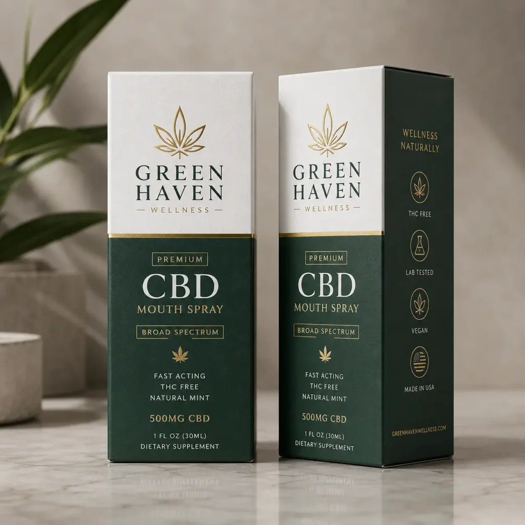 Green Haven Wellness premium CBD mouth spray packaging, elegant dark green and gold boxes, marble surface, luxury product design