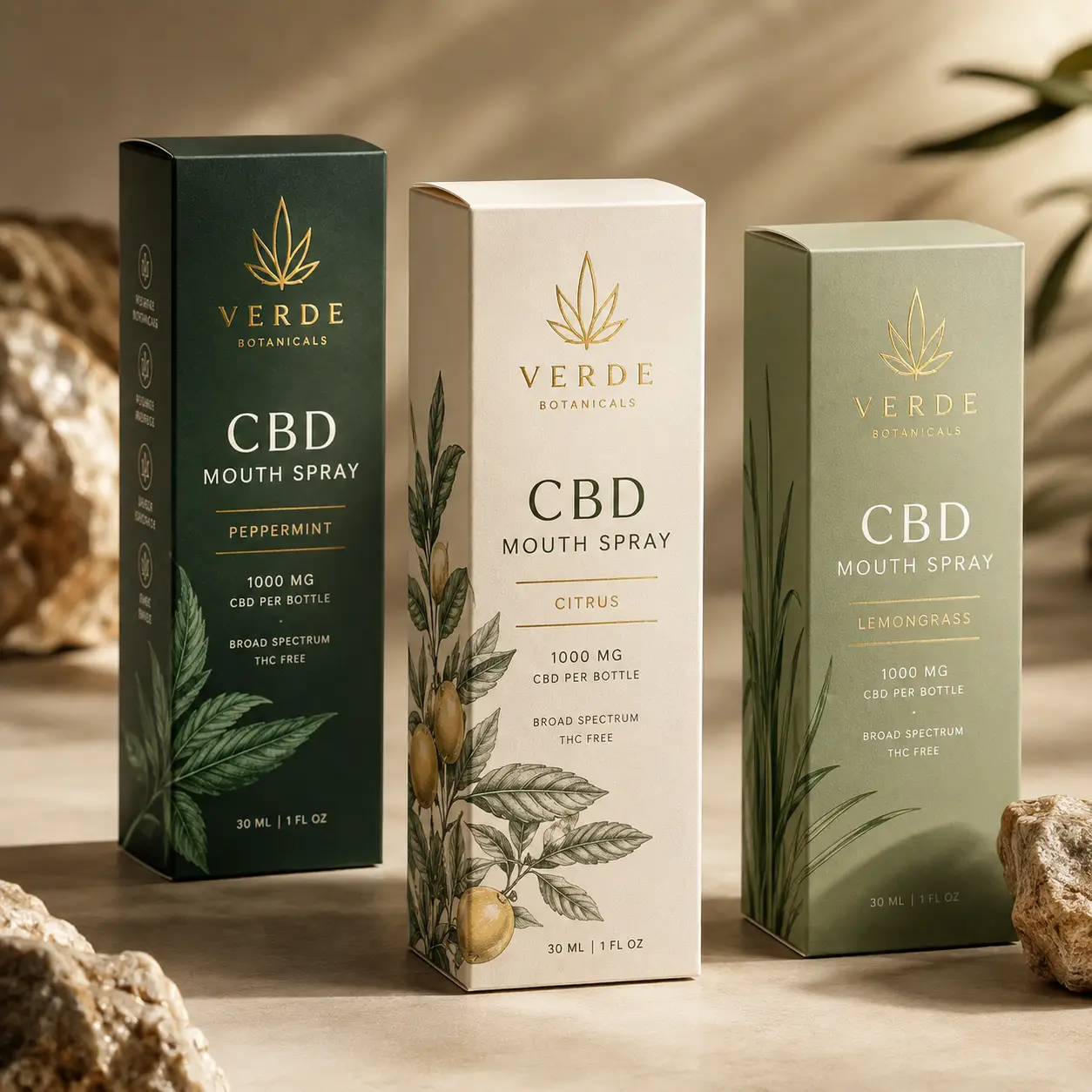 Verde Botanicals CBD mouth spray boxes in dark green, cream, and sage, peppermint citrus lemongrass, premium cannabis packaging design