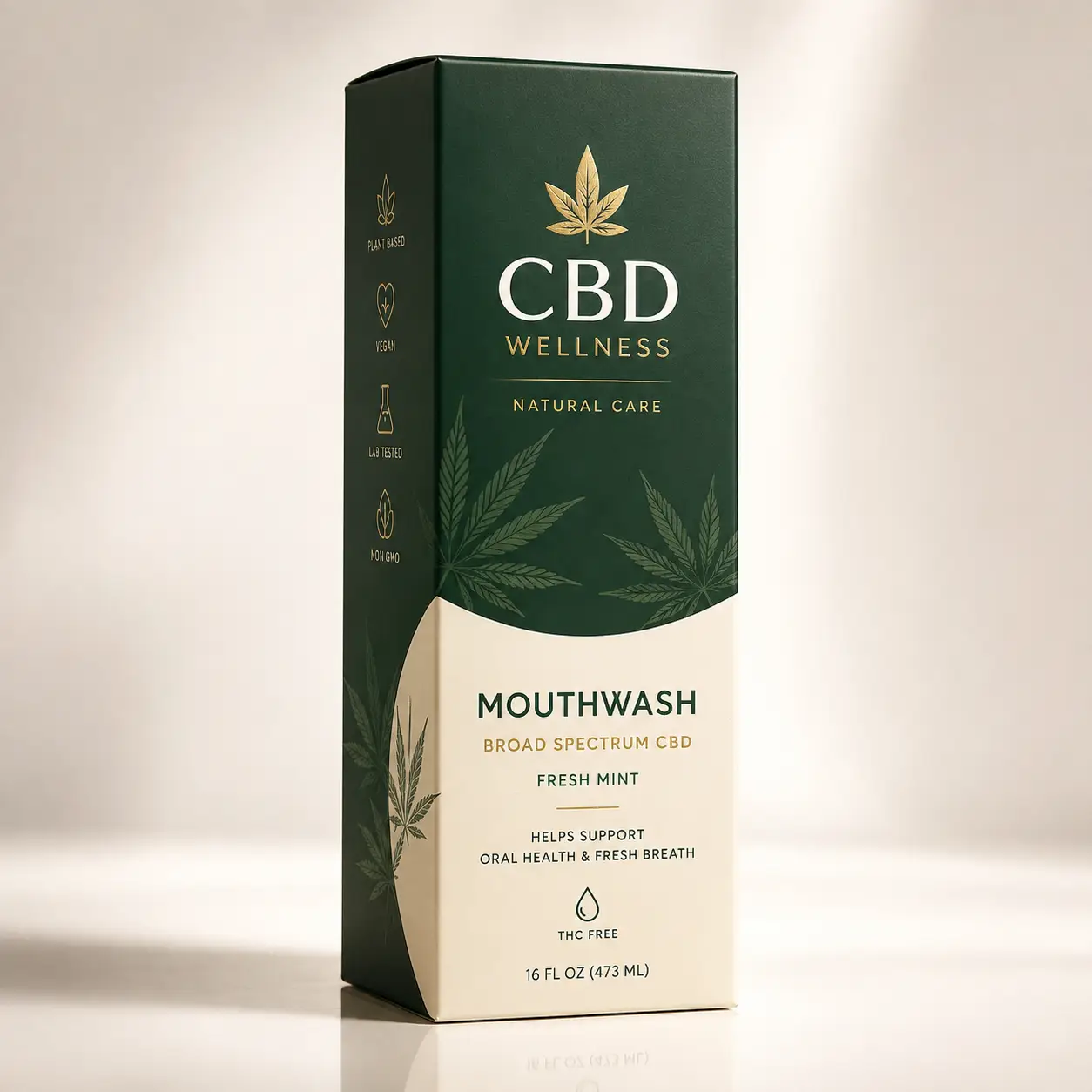 Dark green and cream CBD Wellness Natural Care mouthwash box packaging, broad spectrum fresh mint, THC free, 16 fl oz, luxury design