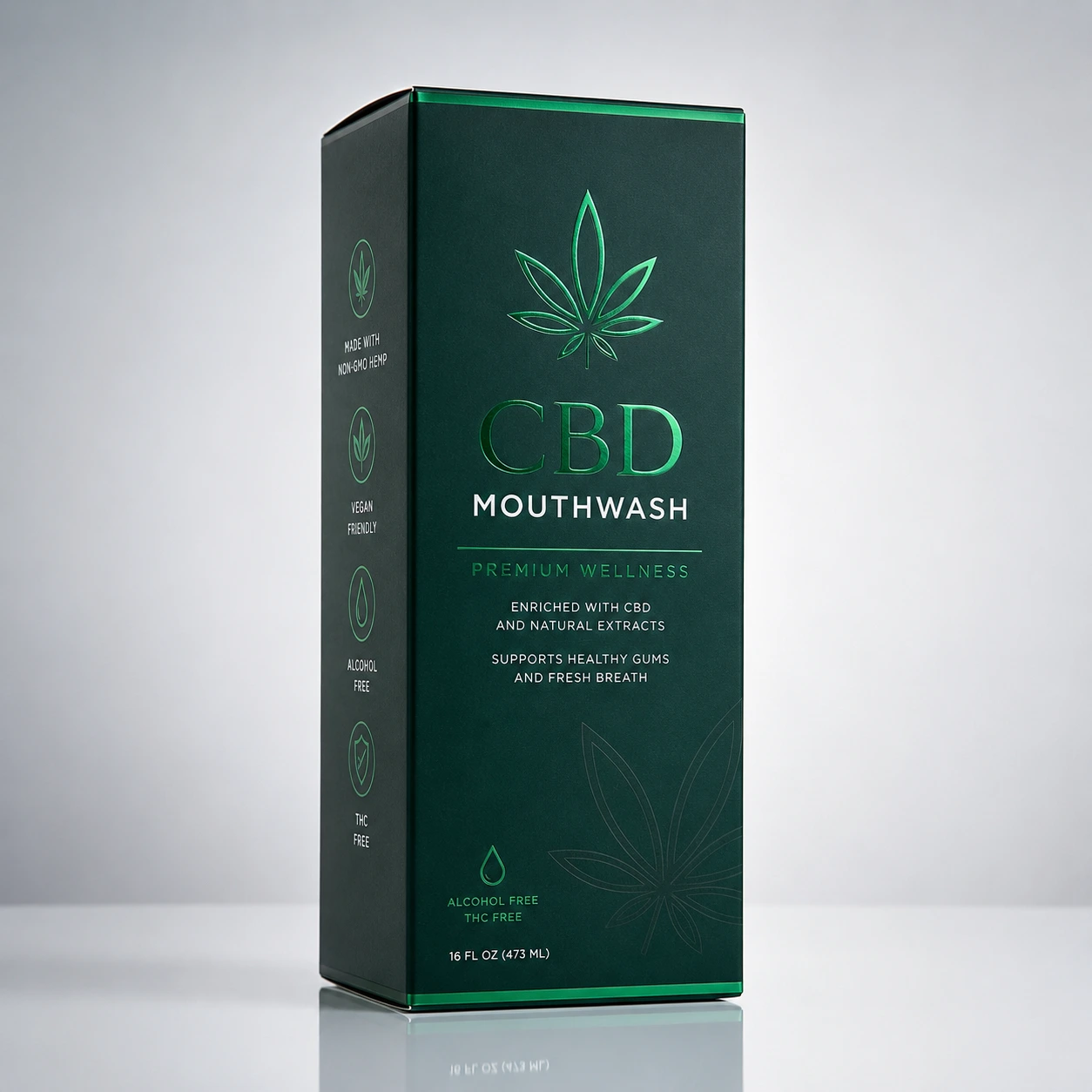 Dark green CBD mouthwash premium wellness box packaging, gold foil logo, hemp leaf design, alcohol-free THC-free, 16oz luxury product
