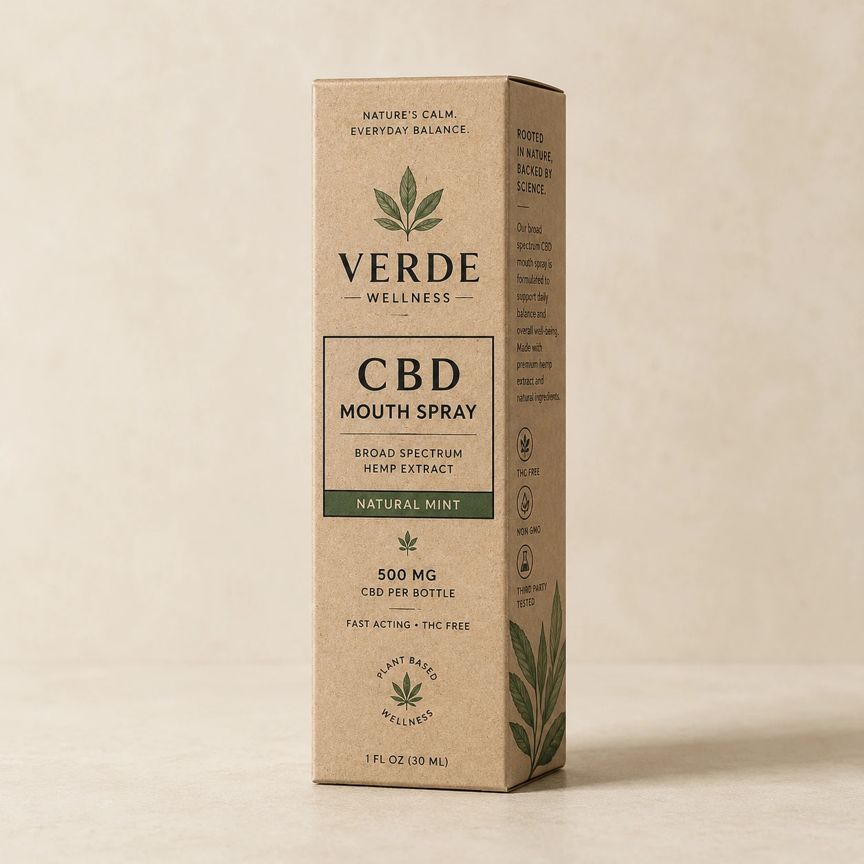 Verde Wellness CBD Mouth Spray 500mg Natural Mint kraft brown eco-friendly product packaging box on beige background