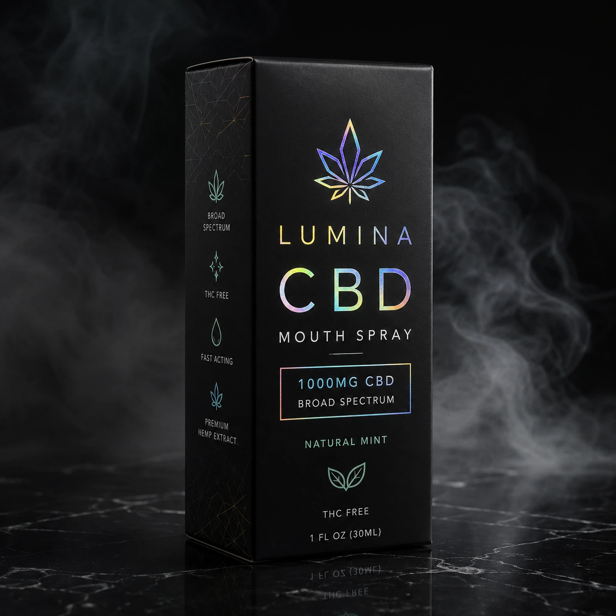 Lumina CBD mouth spray 1000mg broad spectrum black luxury packaging with holographic rainbow logo on dark marble surface
