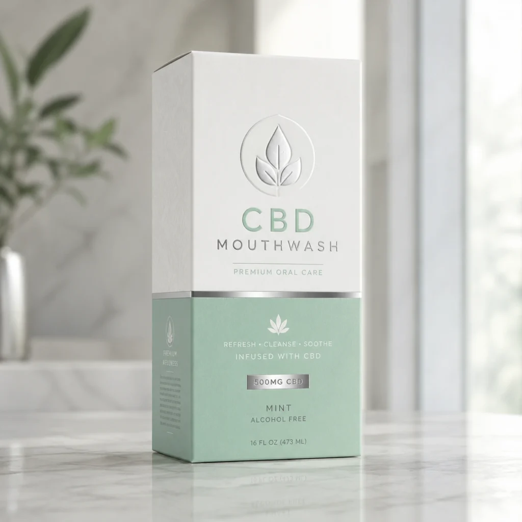 White and mint green CBD mouthwash premium packaging box, 500mg mint flavor, alcohol-free, luxury oral care product design