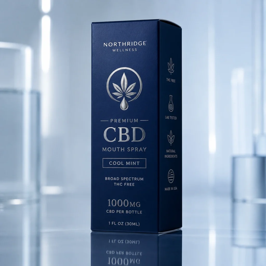 Navy blue CBD mouth spray box by Northridge Wellness, 1000mg cool mint, premium product packaging with silver foil accents on reflective surface