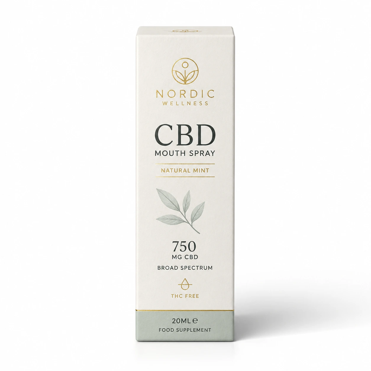 Nordic Wellness CBD Mouth Spray 750mg broad spectrum THC-free natural mint 20ml white minimalist packaging box