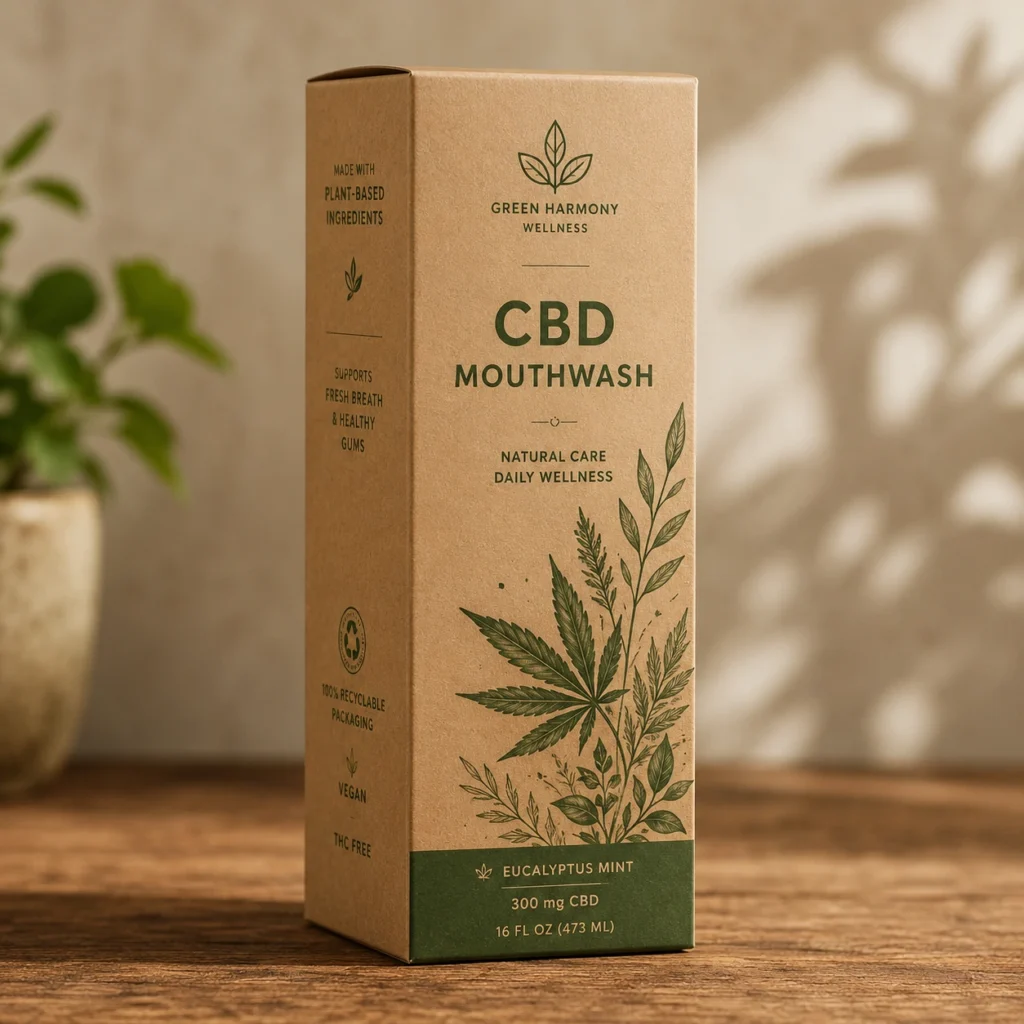 Kraft brown CBD mouthwash box by Green Harmony Wellness, eucalyptus mint, 300mg, eco-friendly recyclable packaging on wood surface