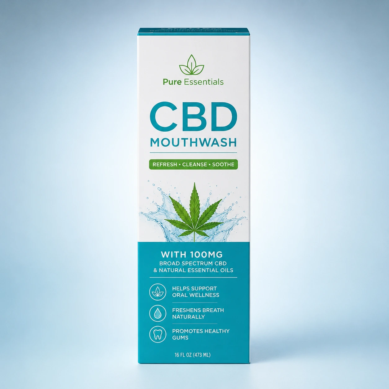 Pure Essentials CBD Mouthwash 100mg broad spectrum packaging design, teal white box, cannabis leaf, professional product branding