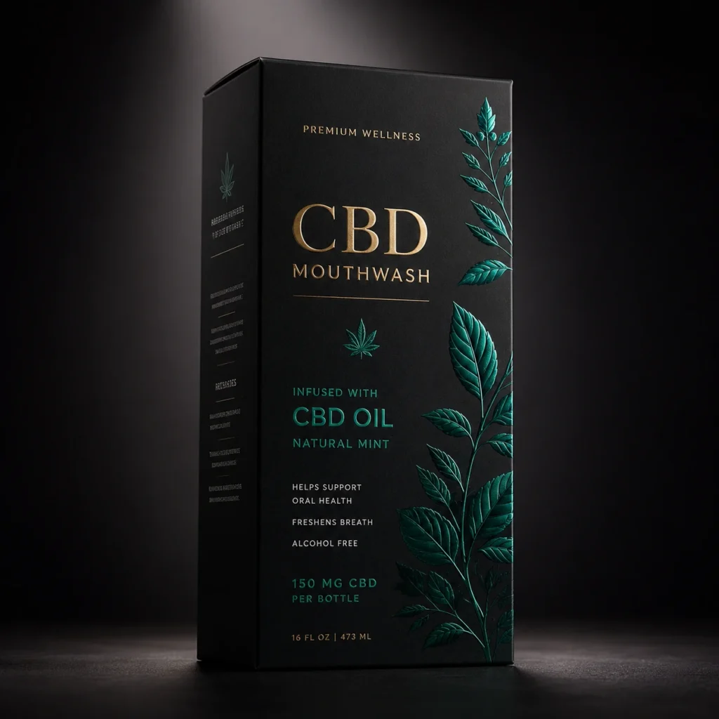 Premium CBD mouthwash black luxury packaging box with gold typography, teal botanical mint leaf embossing, 150mg CBD oil, alcohol-free