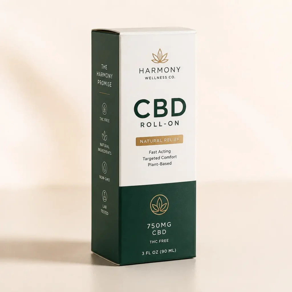 Harmony Wellness Co. CBD Roll-On 750mg white green gold premium packaging box natural relief product design