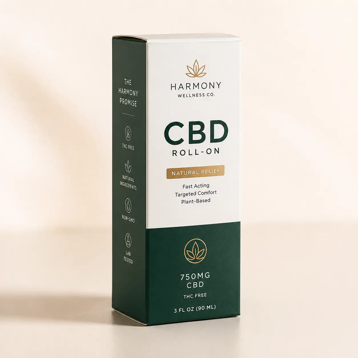 Harmony Wellness Co CBD roll-on box, dark green and white premium packaging, 750mg natural relief, THC-free, 90ml product design