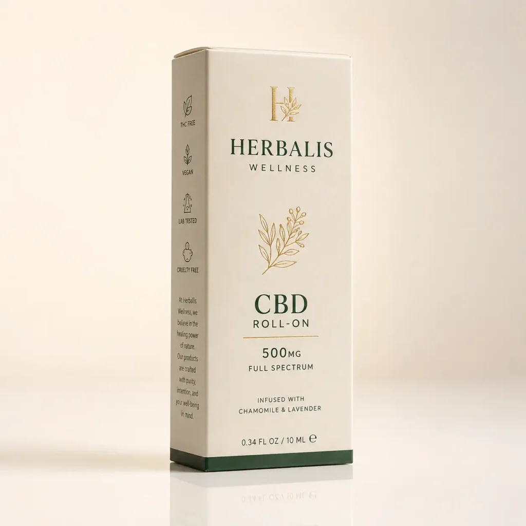 Herbalis Wellness CBD roll-on 500mg full spectrum white luxury box with gold botanical design, chamomile lavender, 10ml packaging