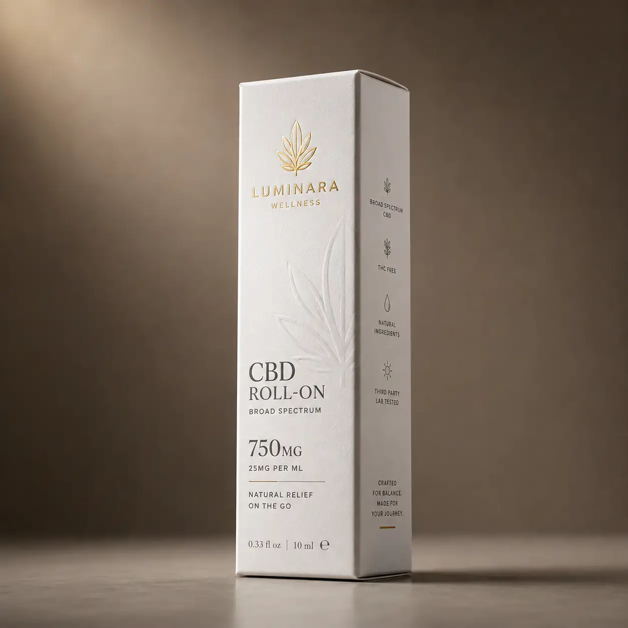 Luminara Wellness CBD Roll-On 750mg broad spectrum white luxury box packaging with gold logo on neutral background