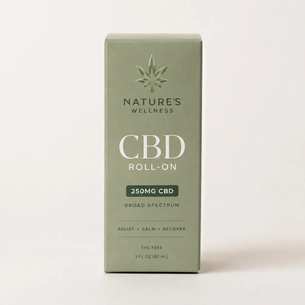 Sage green Nature's Wellness CBD Roll-On 250mg broad spectrum THC-free product box, minimalist cannabis leaf logo, clean packaging design