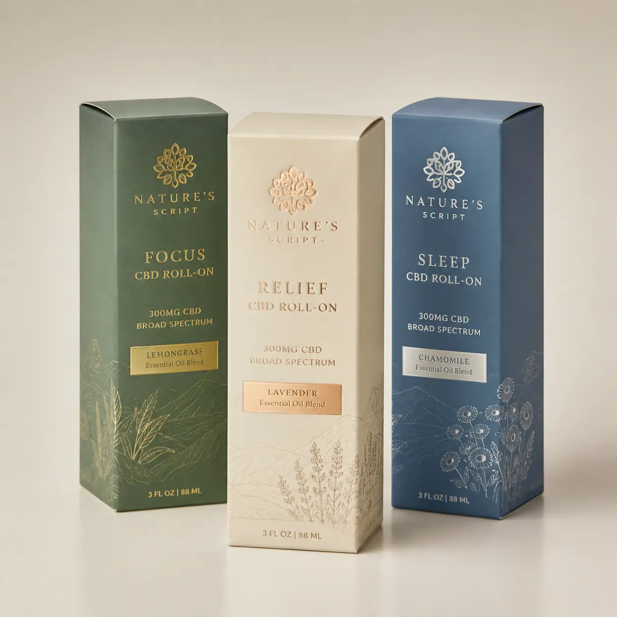 Three Nature's Script CBD roll-on boxes in green, cream, and blue for Focus, Relief, and Sleep with botanical designs