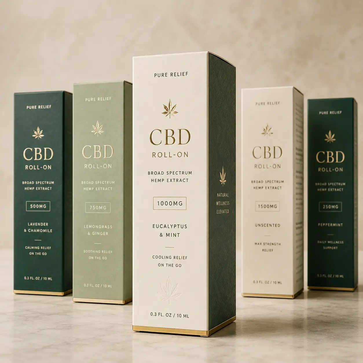 Five Pure Relief CBD Roll-On boxes in dark green, sage, and white with gold accents displayed on marble surface