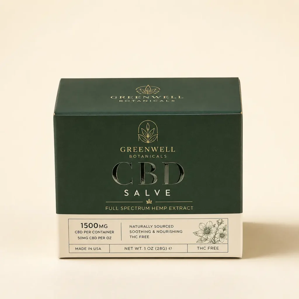Dark green luxury CBD salve box by Greenwell Botanicals, 1500mg full spectrum hemp extract, gold foil branding, cream base panel