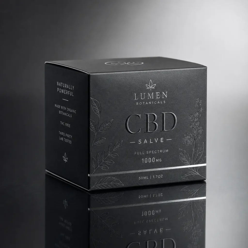 Dark luxury CBD salve box packaging by Lumen Botanicals, 1000mg full spectrum, matte black with silver botanical embossed design